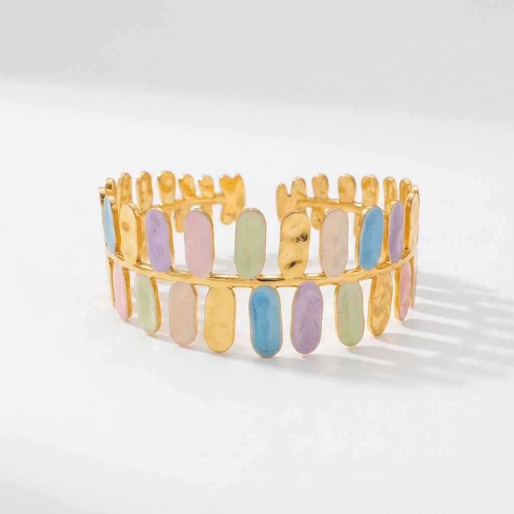Pastel Rainbow Enamel Gold Cuff Bangle | 18K Gold Plated Multicolor Statement Bangle - ZI FASHION