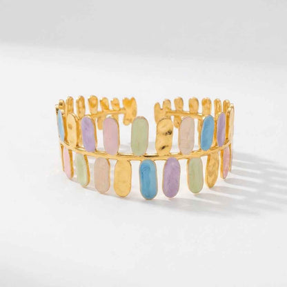 Pastel Rainbow Enamel Gold Cuff Bangle | 18K Gold Plated Multicolor Statement Bangle - ZI FASHION