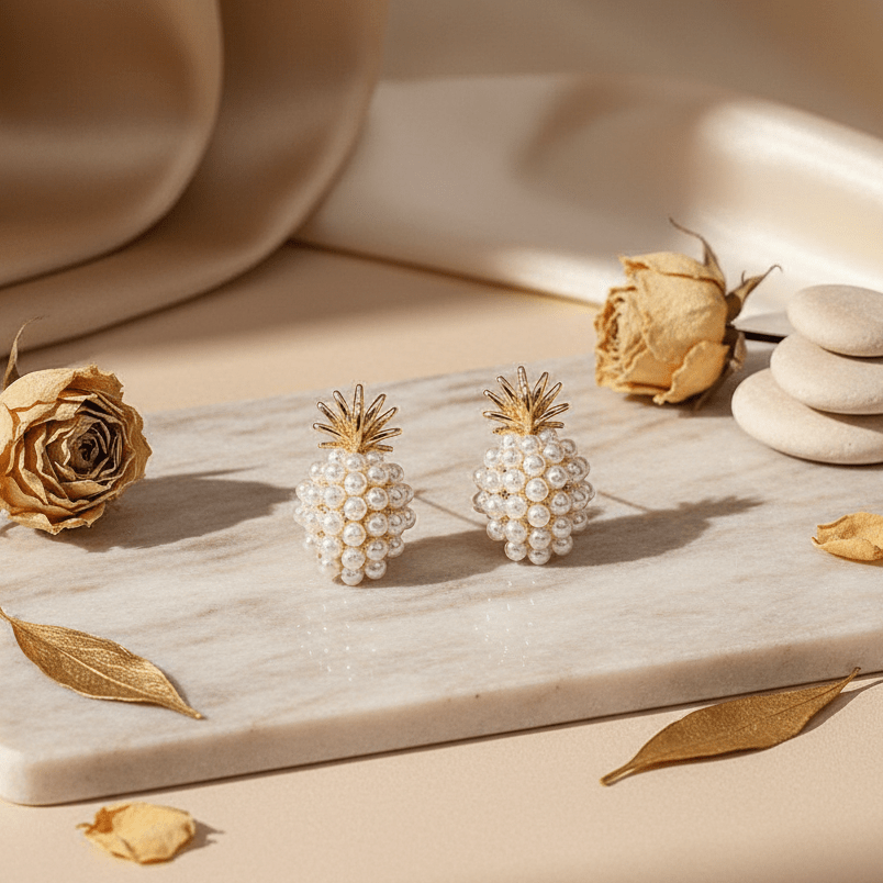 Pearl Pineapple Stud Earrings | Gold & Pearl Cluster Fruit Earrings - ZI FASHION