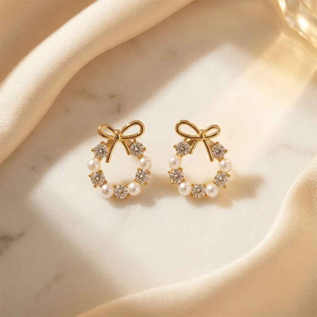 Pearl Wreath Bow Earrings | 18K Gold - Plated - ZI FASHION