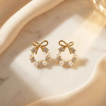 Pearl Wreath Bow Earrings | 18K Gold - Plated - ZI FASHION