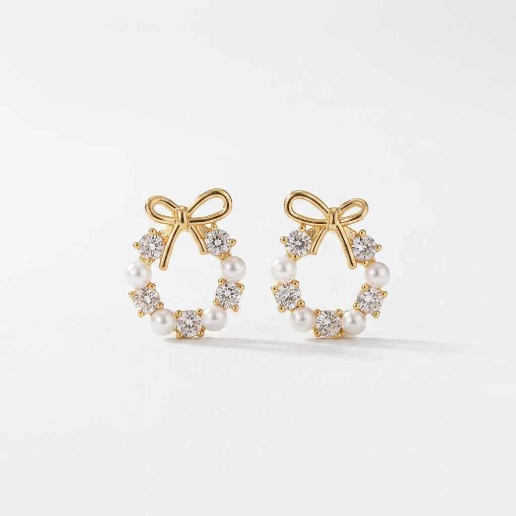 Pearl Wreath Bow Earrings | 18K Gold - Plated - ZI FASHION