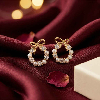 Pearl Wreath Bow Earrings | 18K Gold - Plated - ZI FASHION