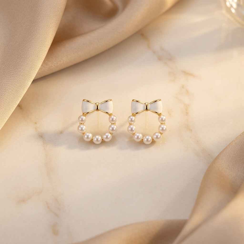 Pearl Wreath Bow Stud Earrings - ZI FASHION
