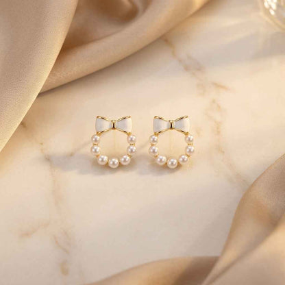 Pearl Wreath Bow Stud Earrings - ZI FASHION