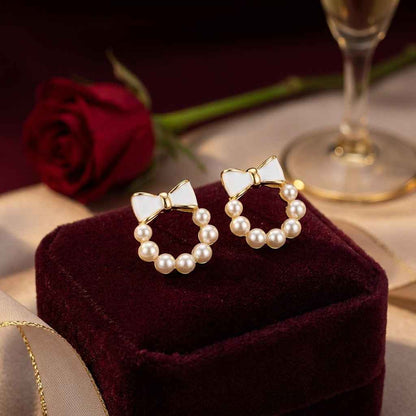 Pearl Wreath Bow Stud Earrings - ZI FASHION