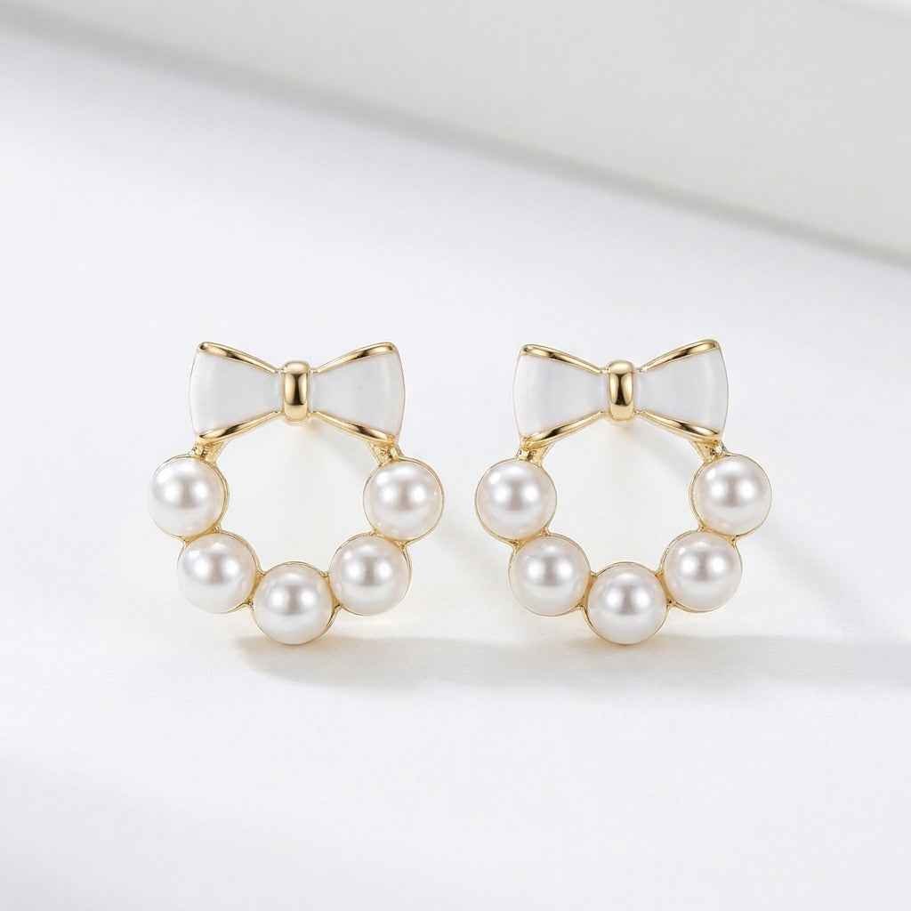 Pearl Wreath Bow Stud Earrings - ZI FASHION