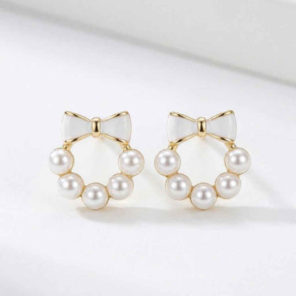 Pearl Wreath Bow Stud Earrings - ZI FASHION