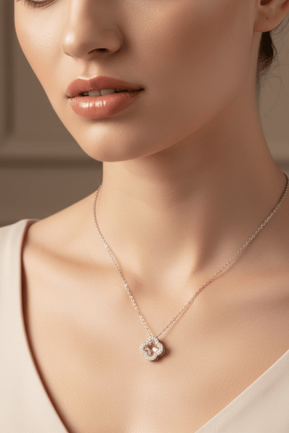 Pink Crystal Clover Pendant Necklace | Silver Zirconia Four - Leaf Flower Necklace - ZI FASHION