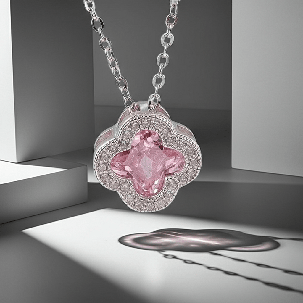 Pink Crystal Clover Pendant Necklace | Silver Zirconia Four - Leaf Flower Necklace - ZI FASHION