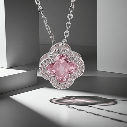Pink Crystal Clover Pendant Necklace | Silver Zirconia Four - Leaf Flower Necklace - ZI FASHION