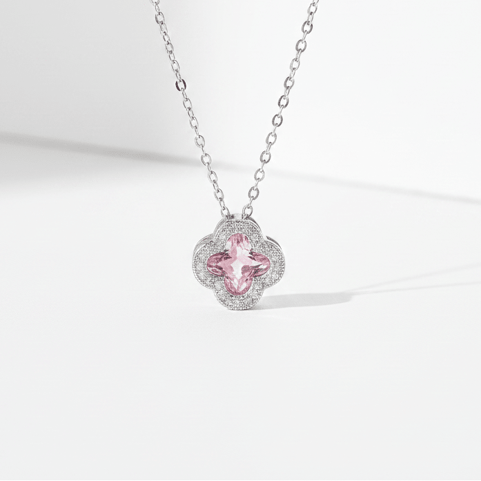 Pink Crystal Clover Pendant Necklace | Silver Zirconia Four - Leaf Flower Necklace - ZI FASHION