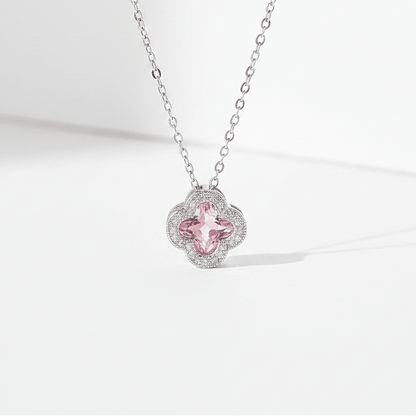 Pink Crystal Clover Pendant Necklace | Silver Zirconia Four - Leaf Flower Necklace - ZI FASHION