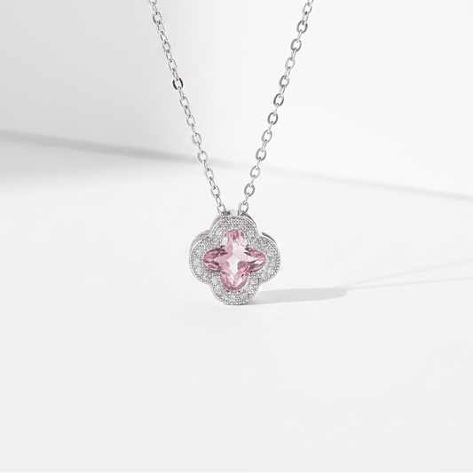 Pink Crystal Clover Pendant Necklace | Silver Zirconia Four - Leaf Flower Necklace - ZI FASHION