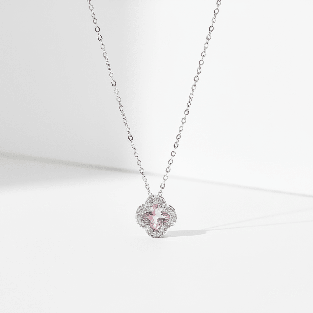 Pink Crystal Clover Pendant Necklace | Silver Zirconia Four - Leaf Flower Necklace - ZI FASHION