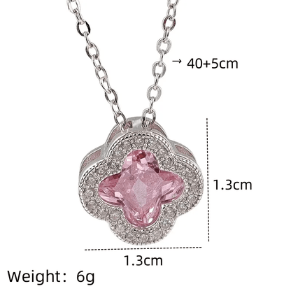 Pink Crystal Clover Pendant Necklace | Silver Zirconia Four - Leaf Flower Necklace - ZI FASHION