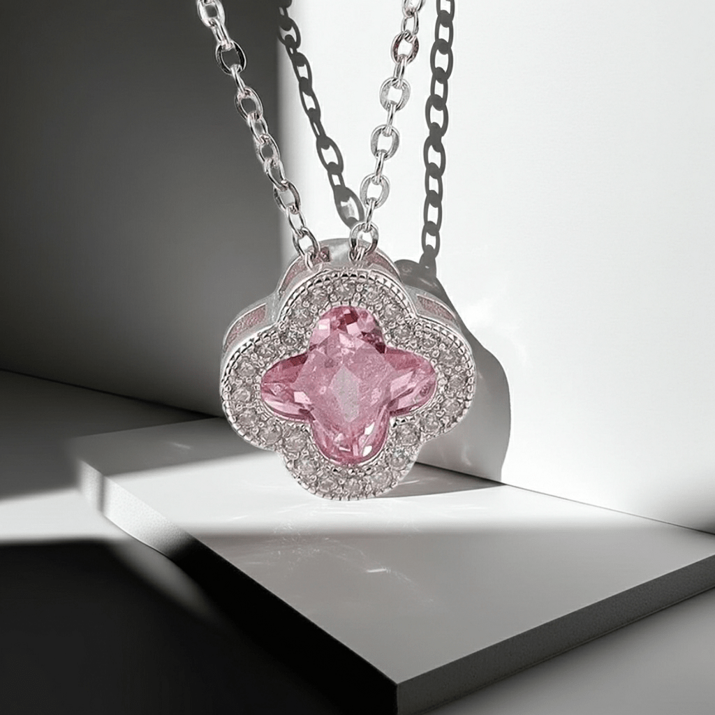 Pink Crystal Clover Pendant Necklace | Silver Zirconia Four - Leaf Flower Necklace - ZI FASHION