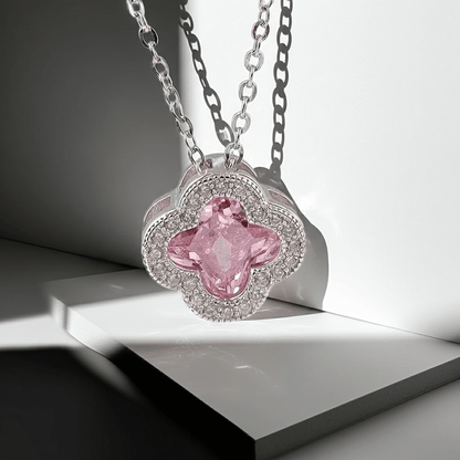 Pink Crystal Clover Pendant Necklace | Silver Zirconia Four - Leaf Flower Necklace - ZI FASHION