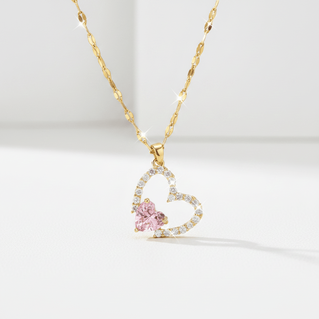 Pink Heart Crystal Pendant Necklace | Gold Double Heart Zirconia Necklace - ZI FASHION