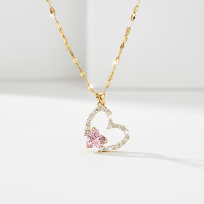Pink Heart Crystal Pendant Necklace | Gold Double Heart Zirconia Necklace - ZI FASHION