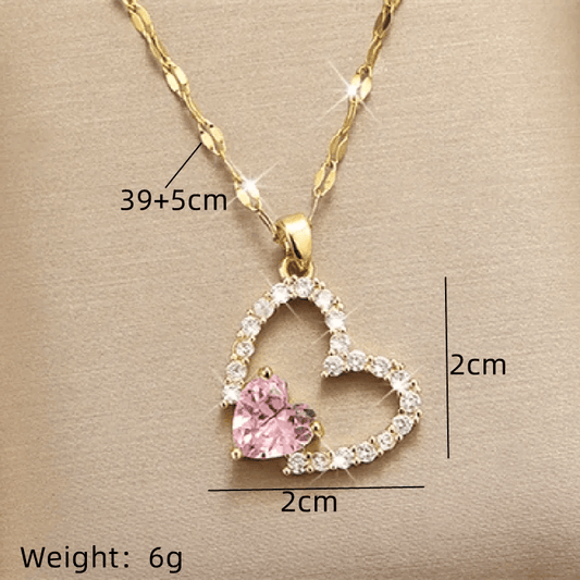 Pink Heart Crystal Pendant Necklace | Gold Double Heart Zirconia Necklace - ZI FASHION