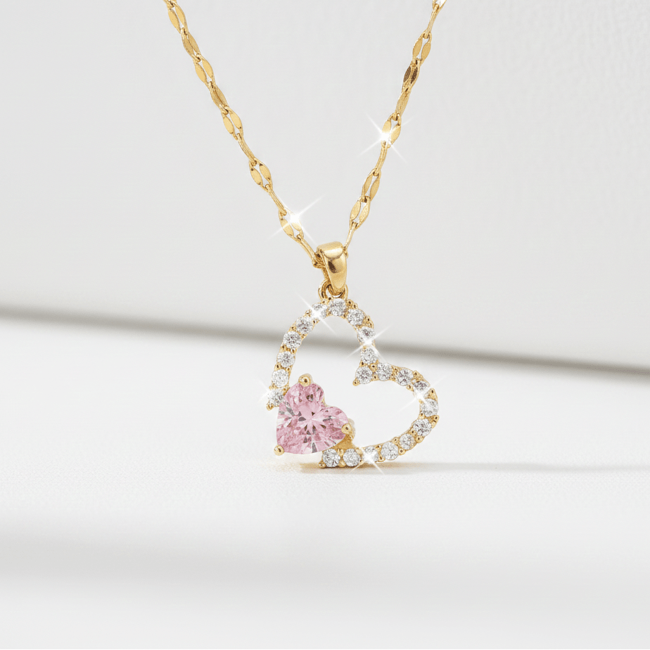 Pink Heart Crystal Pendant Necklace | Gold Double Heart Zirconia Necklace - ZI FASHION