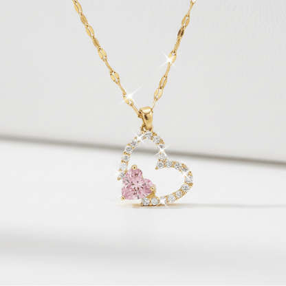 Pink Heart Crystal Pendant Necklace | Gold Double Heart Zirconia Necklace - ZI FASHION