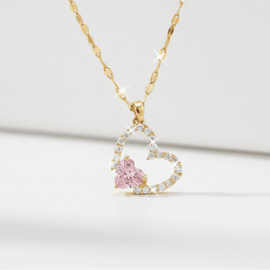 Pink Heart Crystal Pendant Necklace | Gold Double Heart Zirconia Necklace - ZI FASHION