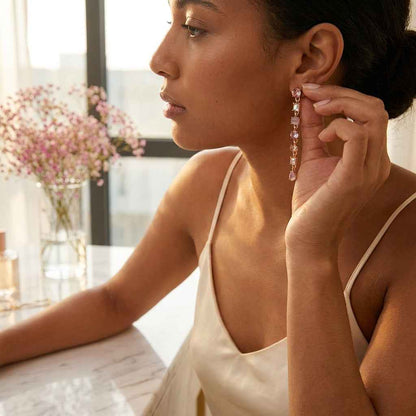 Pink Multi - Crystal Linear Drop Earrings | Gold Cascading Gemstone Dangle Earrings - ZI FASHION