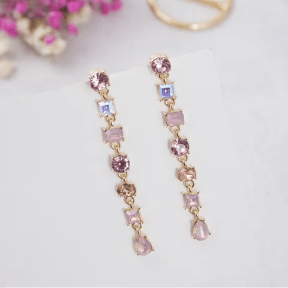 Pink Multi - Crystal Linear Drop Earrings | Gold Cascading Gemstone Dangle Earrings - ZI FASHION