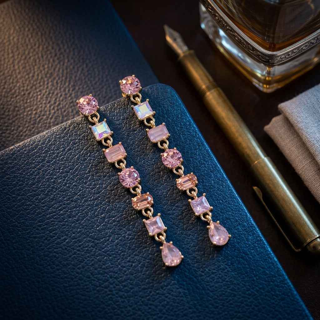 Pink Multi - Crystal Linear Drop Earrings | Gold Cascading Gemstone Dangle Earrings - ZI FASHION