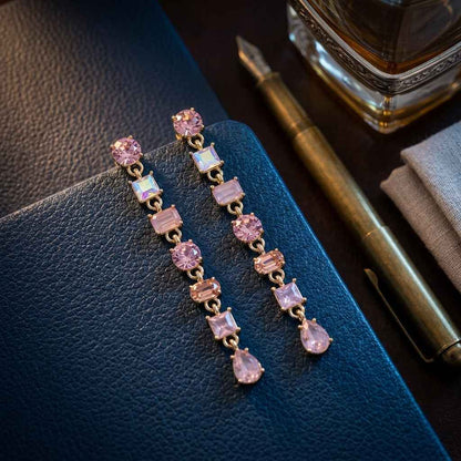 Pink Multi - Crystal Linear Drop Earrings | Gold Cascading Gemstone Dangle Earrings - ZI FASHION