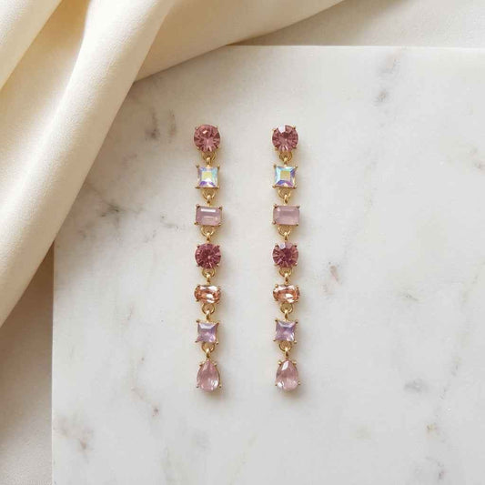 Pink Multi - Crystal Linear Drop Earrings | Gold Cascading Gemstone Dangle Earrings - ZI FASHION