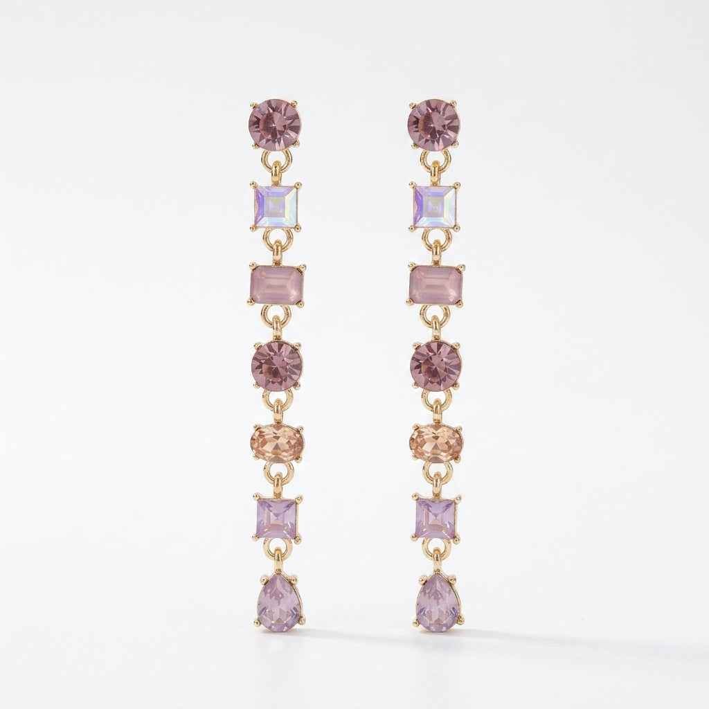Pink Multi - Crystal Linear Drop Earrings | Gold Cascading Gemstone Dangle Earrings - ZI FASHION