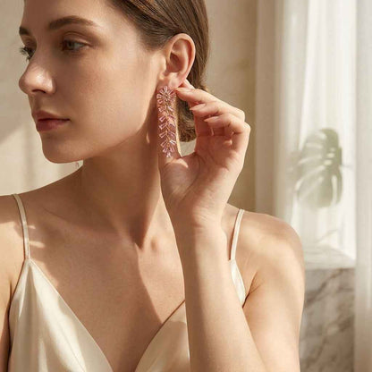 Pinkish Crystal Fishbone Tassel Drop Earrings | Luxury Rhinestone Long Dangle Earrings for Women - ZI FASHION