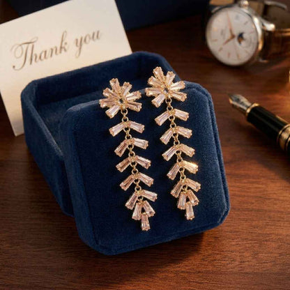 Pinkish Crystal Fishbone Tassel Drop Earrings | Luxury Rhinestone Long Dangle Earrings for Women - ZI FASHION