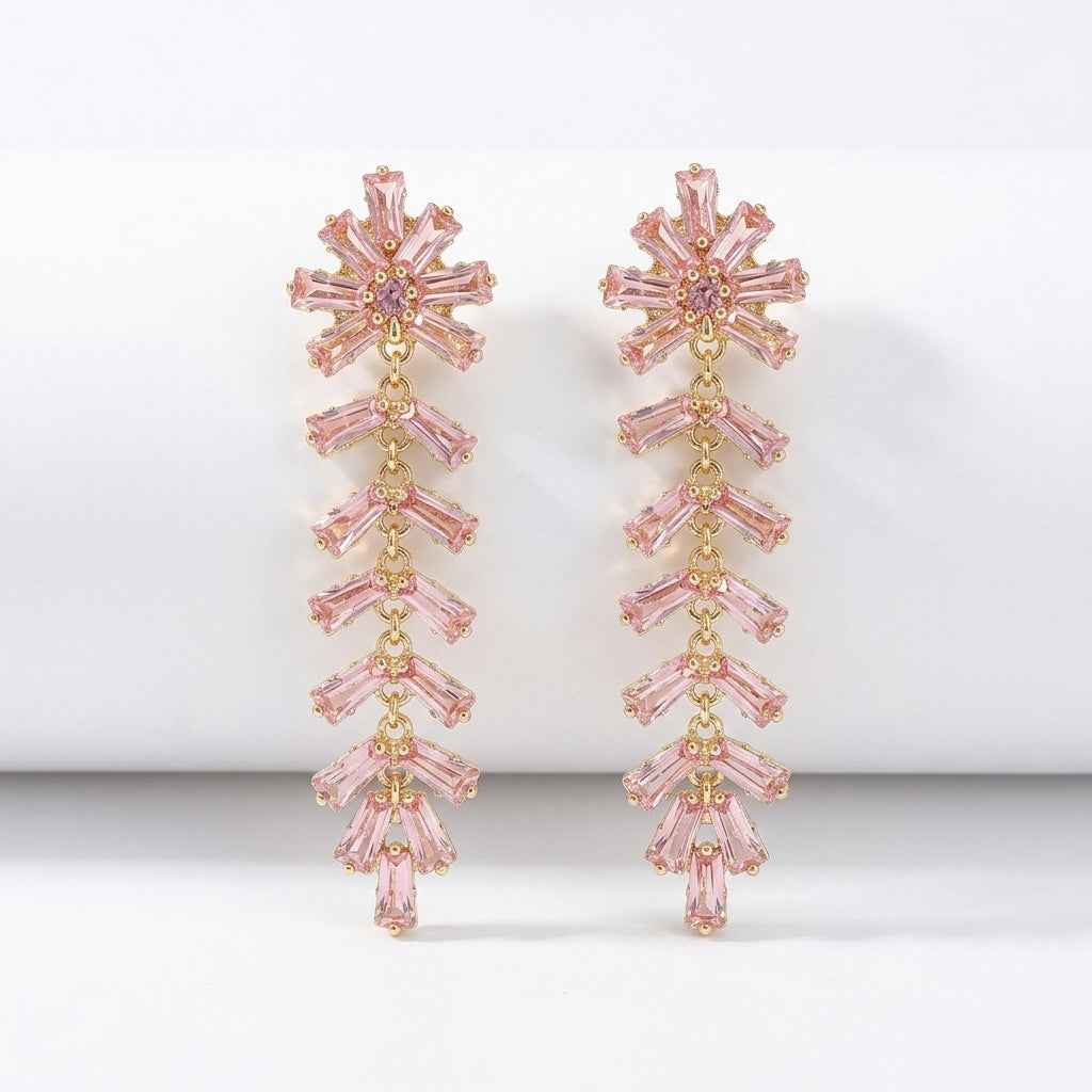 Pinkish Crystal Fishbone Tassel Drop Earrings | Luxury Rhinestone Long Dangle Earrings for Women - ZI FASHION