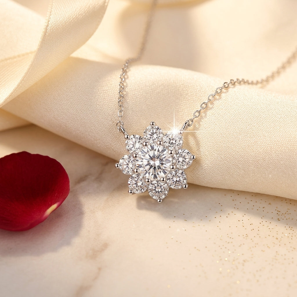 A silver-tone snowflake pendant necklace adorned with sparkling clear gemstones, resting on a cream-colored satin fabric with a single red rose petal in the foreground.