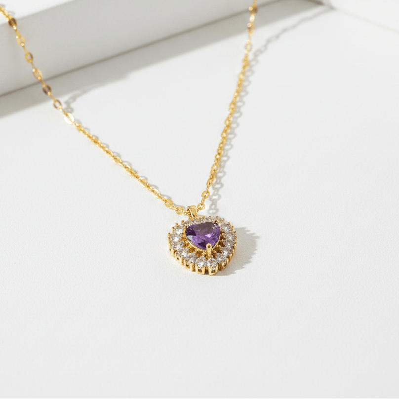 Purple Amethyst Heart Pendant Necklace | Gold Halo Crystal Heart Necklace - ZI FASHION
