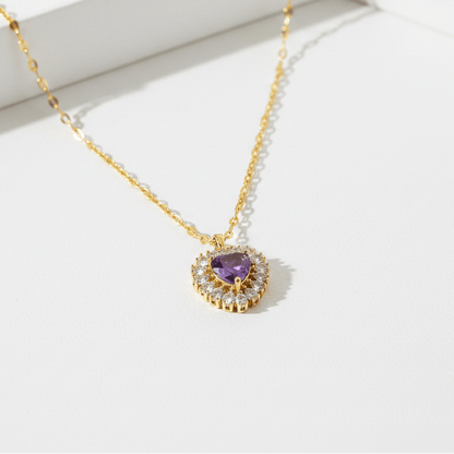 Purple Amethyst Heart Pendant Necklace | Gold Halo Crystal Heart Necklace - ZI FASHION