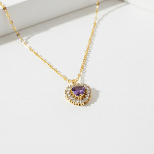 Purple Amethyst Heart Pendant Necklace | Gold Halo Crystal Heart Necklace - ZI FASHION