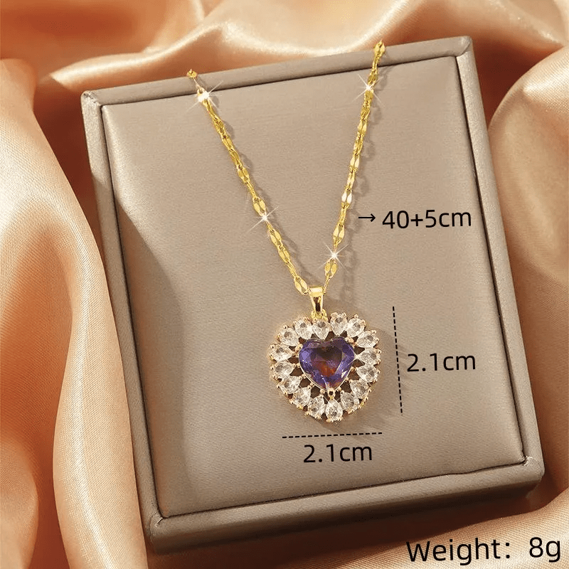 Purple Amethyst Heart Pendant Necklace | Gold Halo Crystal Heart Necklace - ZI FASHION