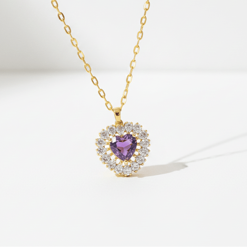 Purple Amethyst Heart Pendant Necklace | Gold Halo Crystal Heart Necklace - ZI FASHION