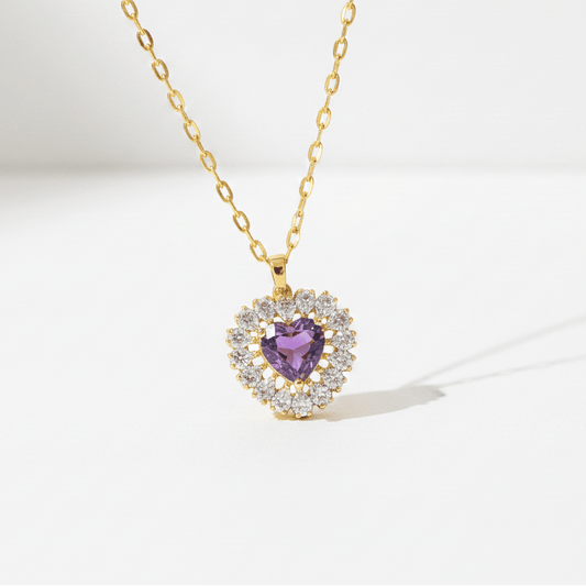 Purple Amethyst Heart Pendant Necklace | Gold Halo Crystal Heart Necklace - ZI FASHION
