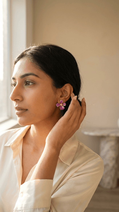 Purple Enamel Flower Stud Earrings | Gold - Edged Floral Earrings with Pearl Centre - ZI FASHION