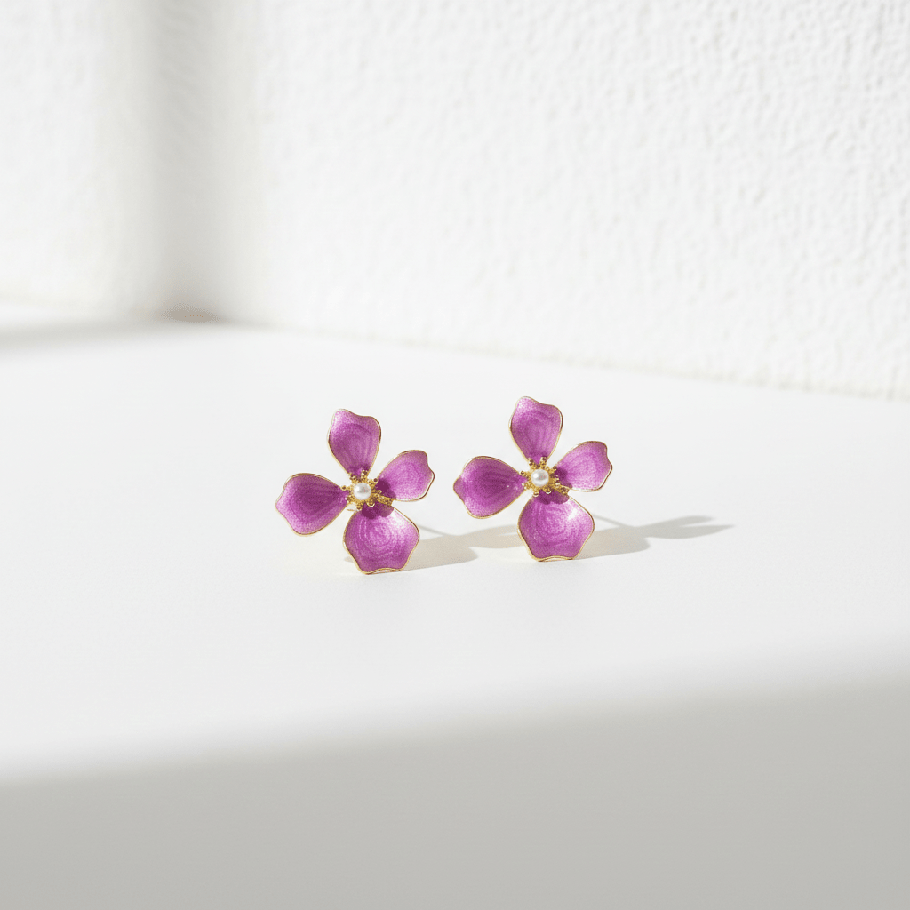 Purple Enamel Flower Stud Earrings | Gold - Edged Floral Earrings with Pearl Centre - ZI FASHION