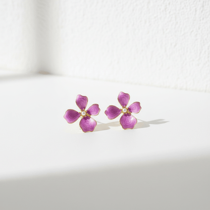 Purple Enamel Flower Stud Earrings | Gold - Edged Floral Earrings with Pearl Centre - ZI FASHION