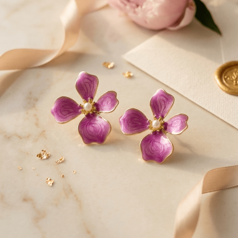 Purple Enamel Flower Stud Earrings | Gold - Edged Floral Earrings with Pearl Centre - ZI FASHION