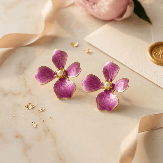 Purple Enamel Flower Stud Earrings | Gold - Edged Floral Earrings with Pearl Centre - ZI FASHION