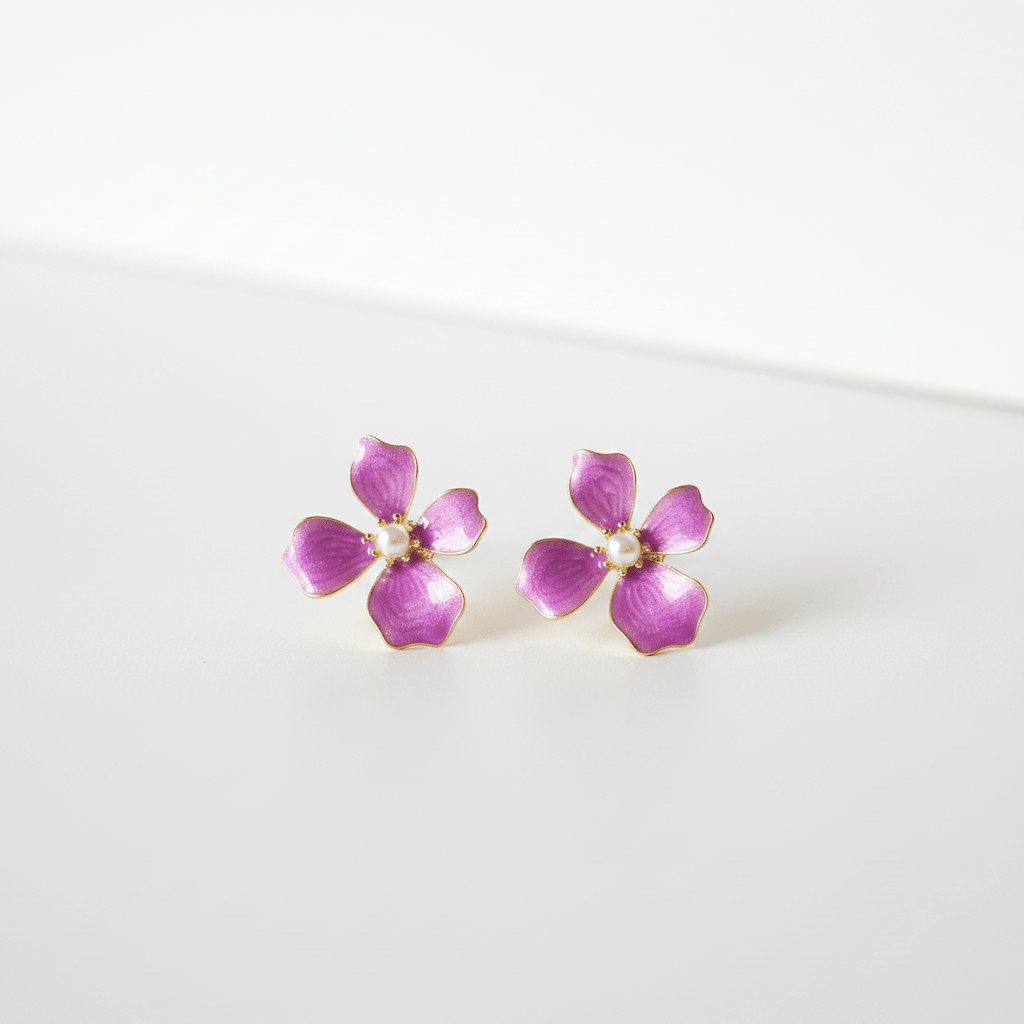 Purple Enamel Flower Stud Earrings | Gold - Edged Floral Earrings with Pearl Centre - ZI FASHION